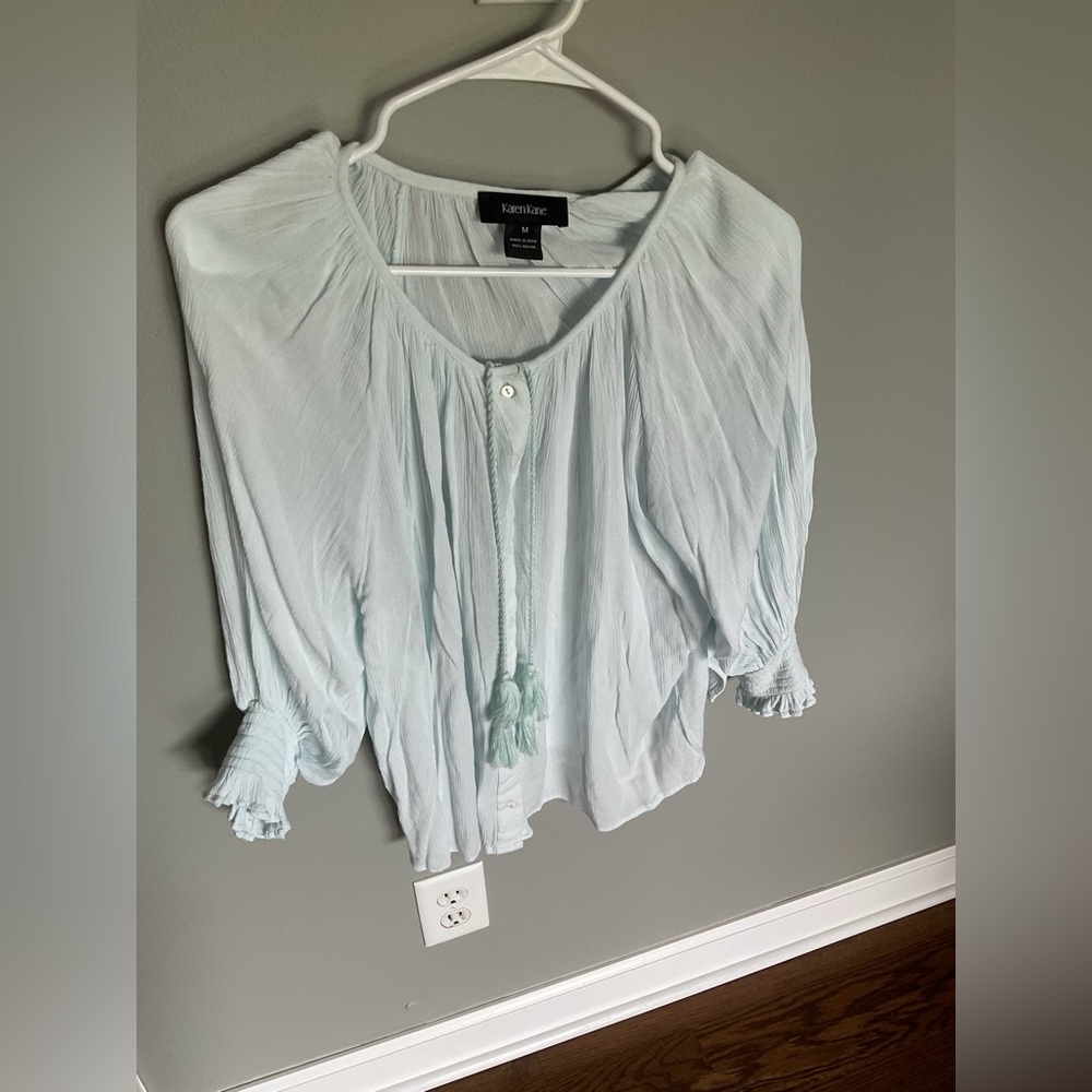 Karen Kane Pastel teal blue button down blouse in great condition